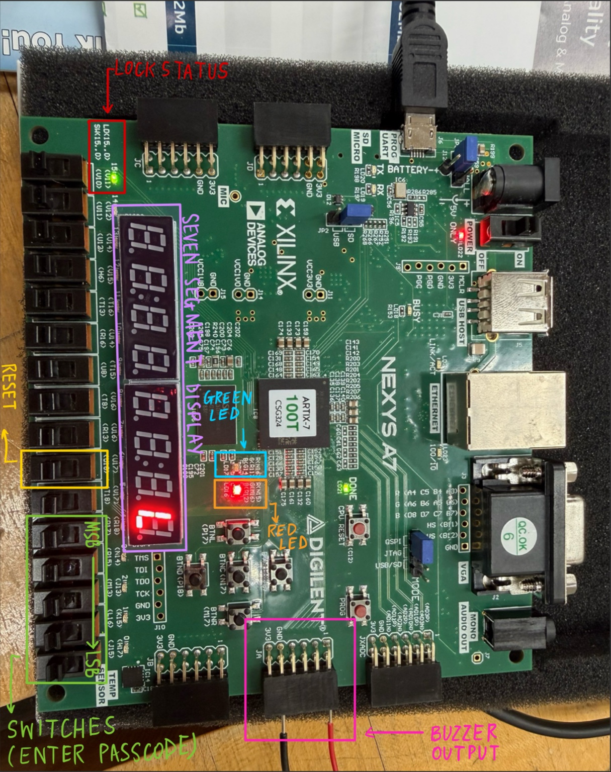 Annotated photograph of my Nexys A7 FPGA combination lock hardware